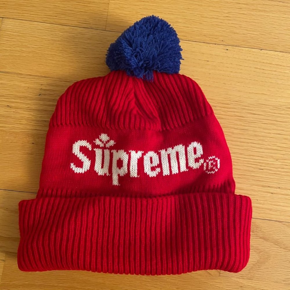 Supreme Red Beanie with Blue Pom Pom